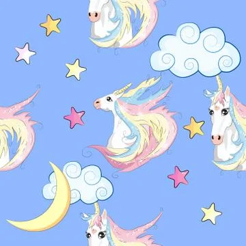 Seamless pattern with trendy cartoon patches. Unicorns, rainbows and hearts. 库存插图