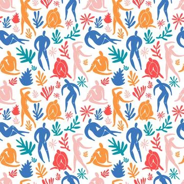 Seamless pattern trendy doodle and abstract people icons on white background Stock Illustration