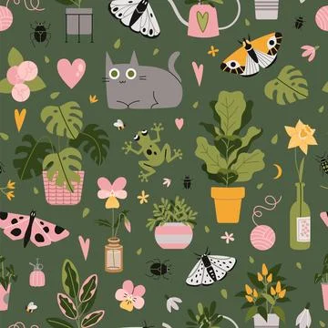 Seamless pattern with trendy potted plants, cat and butterflys, cartoon style Illustrazione stock