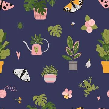Seamless pattern with trendy potted plants, cartoon style. Indoor houseplants Stock Illustration