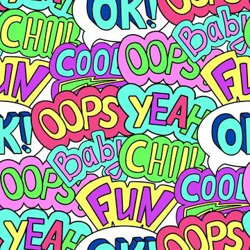 Seamless pattern, trendy retro cool comic style. 90s Pop colorhand drawn co.. Stock Illustration