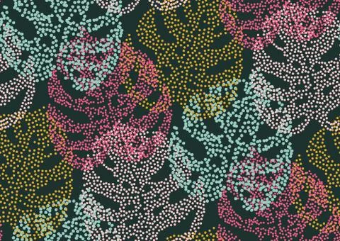 Seamless pattern with trendy tropical summer motifs, exotic leaves Stock Illustration