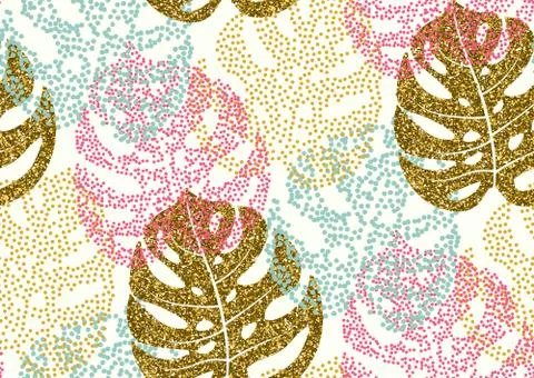 Seamless pattern with trendy tropical summer motifs, exotic leaves Stock Illustration