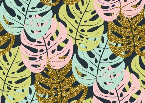 Seamless pattern with trendy tropical summer motifs, exotic leaves Stock Illustration
