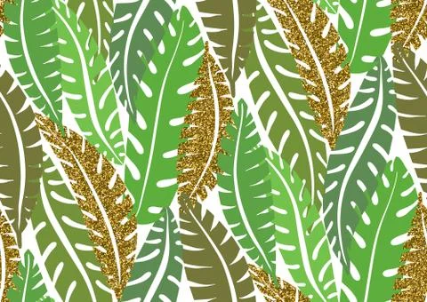 Seamless pattern with trendy tropical summer motifs, exotic leaves and plants Stock Illustration