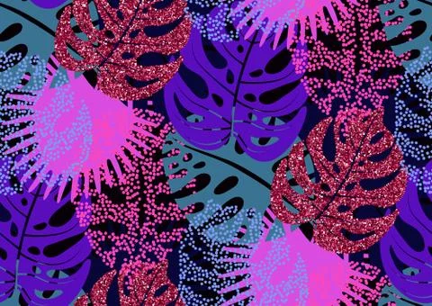 Seamless pattern with trendy tropical summer motifs, exotic leaves and plants イラスト素材