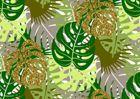 Seamless pattern with trendy tropical summer motifs, exotic leaves and plants Stock Illustration