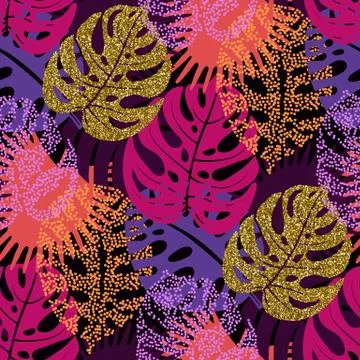Seamless pattern with trendy tropical summer motifs, exotic leaves and plants Stock Illustration
