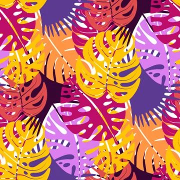 Seamless pattern with trendy tropical summer motifs, exotic leaves and plants Stock Illustration