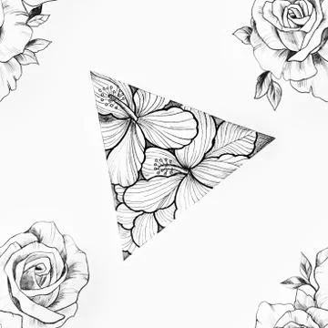 Seamless pattern of a triangle in flowers and roses on a white background. Stock Illustration