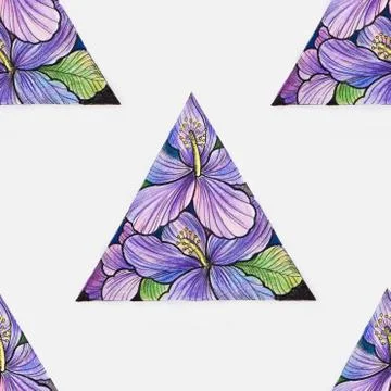 Seamless pattern of a triangle in purple flowers on a white background. Stock Illustration