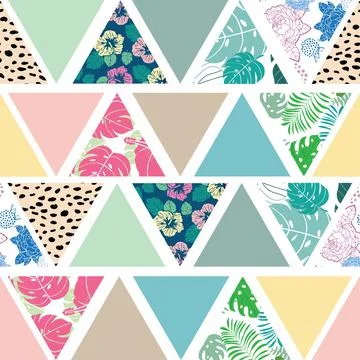 Seamless pattern with triangle shapes, leaves, flowers and flamingo Stockillustratie