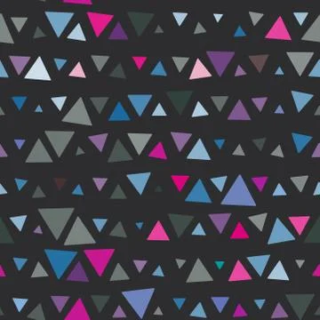 Seamless pattern of triangles, pink and blue on black background. Vector Stock Illustration