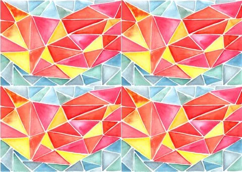 Seamless pattern of triangles of yellow, pink, red, blue and green, graphic w Stock Illustration