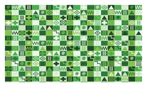 Seamless pattern of tribal geometric shapes in green palette, vector backgr.. 스톡 일러스트