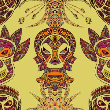 Seamless pattern with tribal mask and aztec geometric latin American ornament. Stock Illustration