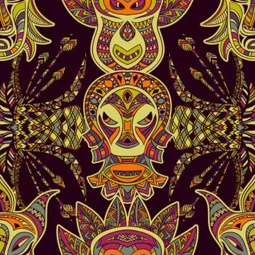 Seamless pattern with tribal mask and aztec geometric latin American ornament Illustrazione stock