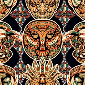 Seamless pattern with tribal mask and aztec geometric latin American ornament. Stock Illustration