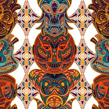 Seamless pattern with tribal mask and aztec geometric latin American ornament Stock Illustration