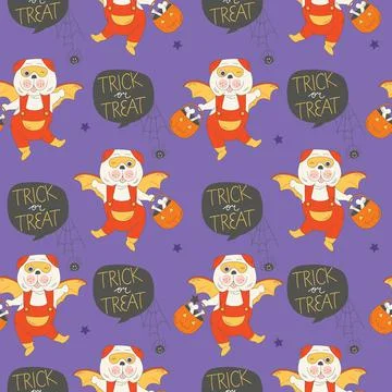 Seamless pattern of trick or treat Halloween Pug carrying pumpkin basket イラスト素材