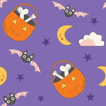 Seamless pattern of trick or treat Halloween pumpkin basket with bones イラスト素材