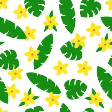 Seamless pattern with tropic leaves and flowers on white background Stock Illustration