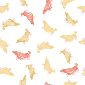 Seamless pattern with tropic parrots random orange and pink silhouettes. Isol Stock Illustration