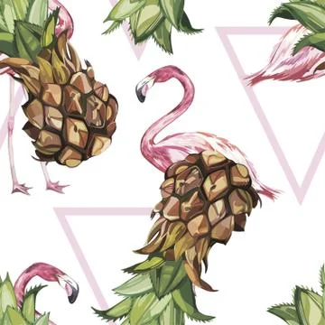 Seamless pattern with tropical Ananas and Flamingo. Element for design of Stock Illustration