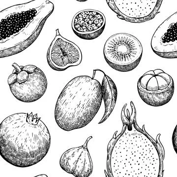 Seamless pattern with tropical and exotic fruits. Hand-drawn ink illustrati.. Stock Illustration