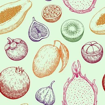 Seamless pattern with tropical and exotic fruits. Hand-drawn ink illustrati.. Stock Illustration
