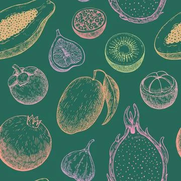 Seamless pattern with tropical and exotic fruits. Hand-drawn ink illustrati.. Stock Illustration
