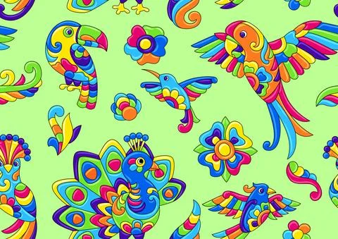 Seamless pattern with tropical birds. Mexican ceramic cute naive art. Illustrazione stock