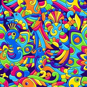 Seamless pattern with tropical birds. Mexican ceramic cute naive art. Illustrazione stock