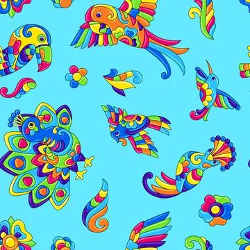 Seamless pattern with tropical birds. Mexican ceramic cute naive art. Illustrazione stock