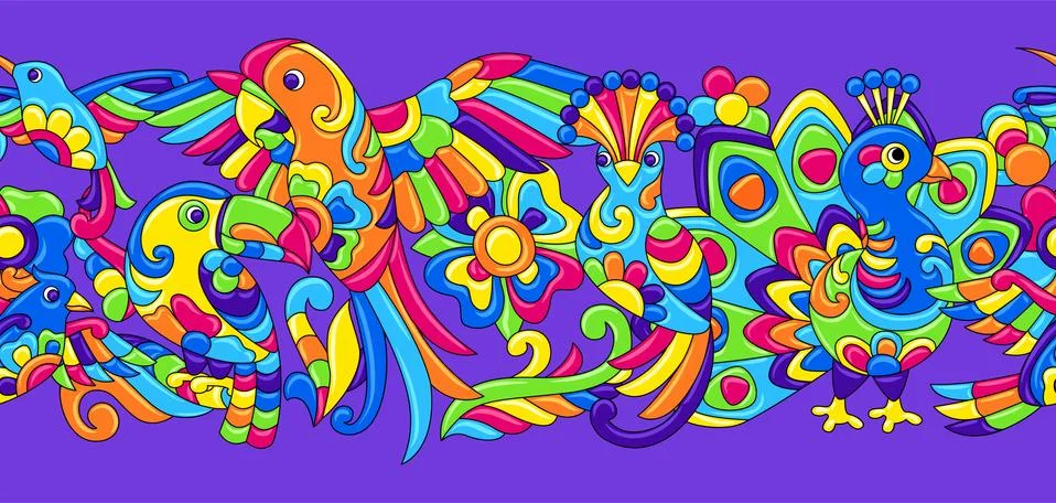 Seamless pattern with tropical birds. Mexican ceramic cute naive art. Stockillustratie