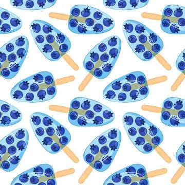 Seamless pattern of tropical blueberry ice pop on wooden stick on white Stock Illustration