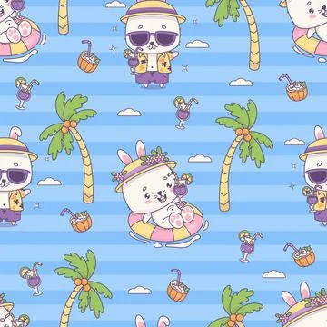 Seamless pattern with tropical bunny boy beachgoer and girl with cocktail s.. Illustrazione stock