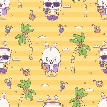 Seamless pattern with tropical bunny boy beachgoer with cocktail on yellow .. Illustrazione stock