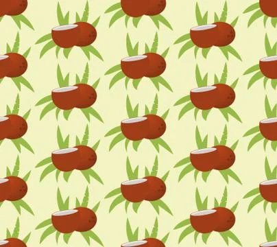 Seamless pattern with tropical coconut and palm leaves. Flat vector illustrat Stock Illustration