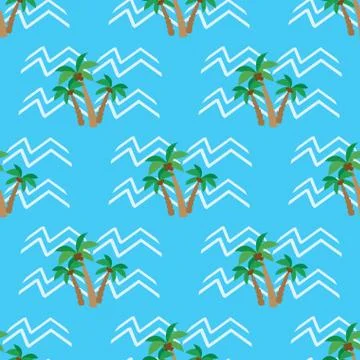 Seamless pattern  tropical coconut palm trees and waves Stock Illustration