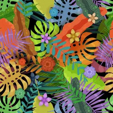 Seamless pattern Tropical exotic background. Colorful jungle leaves, flowers Stock Illustration
