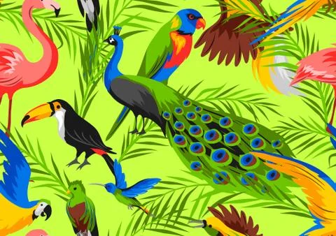Seamless pattern with tropical exotic birds. 스톡 일러스트