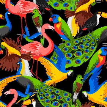 Seamless pattern with tropical exotic birds. Illustration