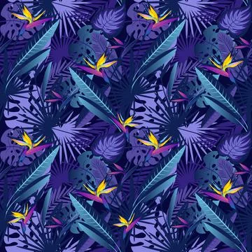 Seamless pattern with tropical exotic leaves and flowers at night. Stock Illustration