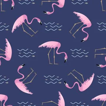 Seamless pattern with tropical fish and flamingo. Vector illustration. Illustrazione stock