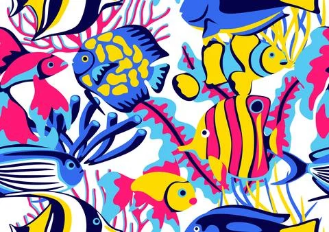 Seamless pattern with tropical fishes. Marine life aquarium and sea animals. イラスト素材