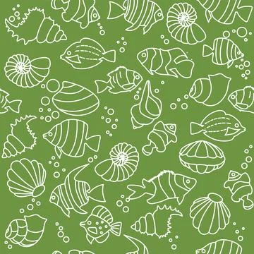 Seamless pattern Tropical fishes, seashell lineart style. Cute funny underwater 스톡 일러스트
