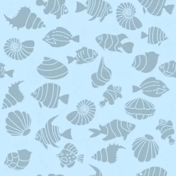 Seamless pattern Tropical fishes, shell halftone dots silhouette style 스톡 일러스트
