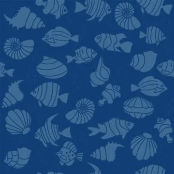Seamless pattern Tropical fishes, shell halftone dots silhouette style Stock Illustration
