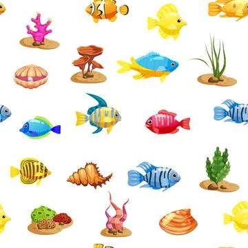 Seamless pattern Tropical fishes, shells, seaweed cartoon. Cute funny underwater イラスト素材